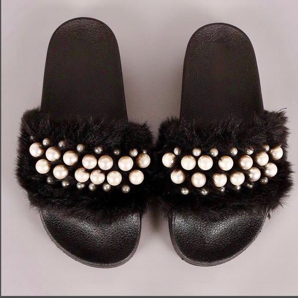 PEARL FURRY BLACK EMBELLISHED SLIDE - Picture 2 of 7